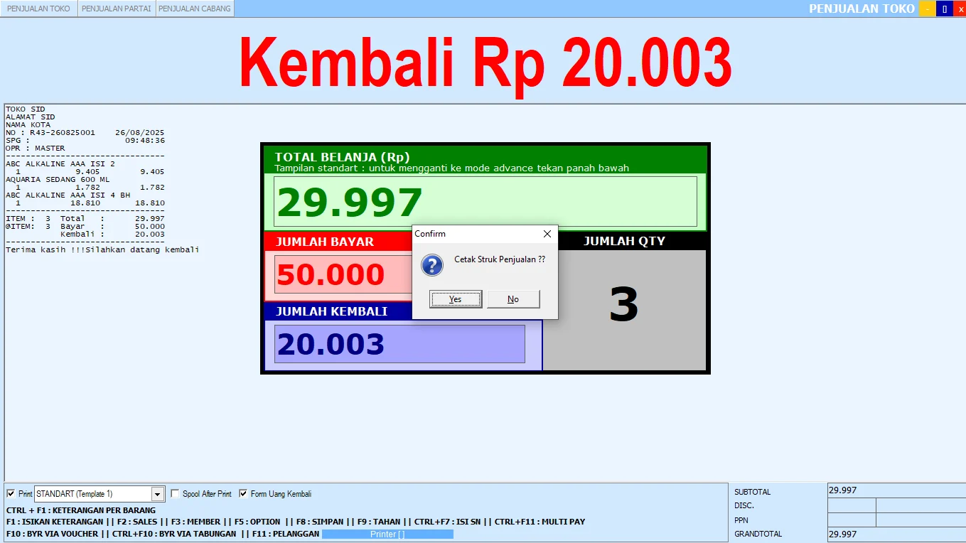 Tampilan Proses Cetak Struk Penjualan di Aplikasi Toko Retail Sid Retail Pro
