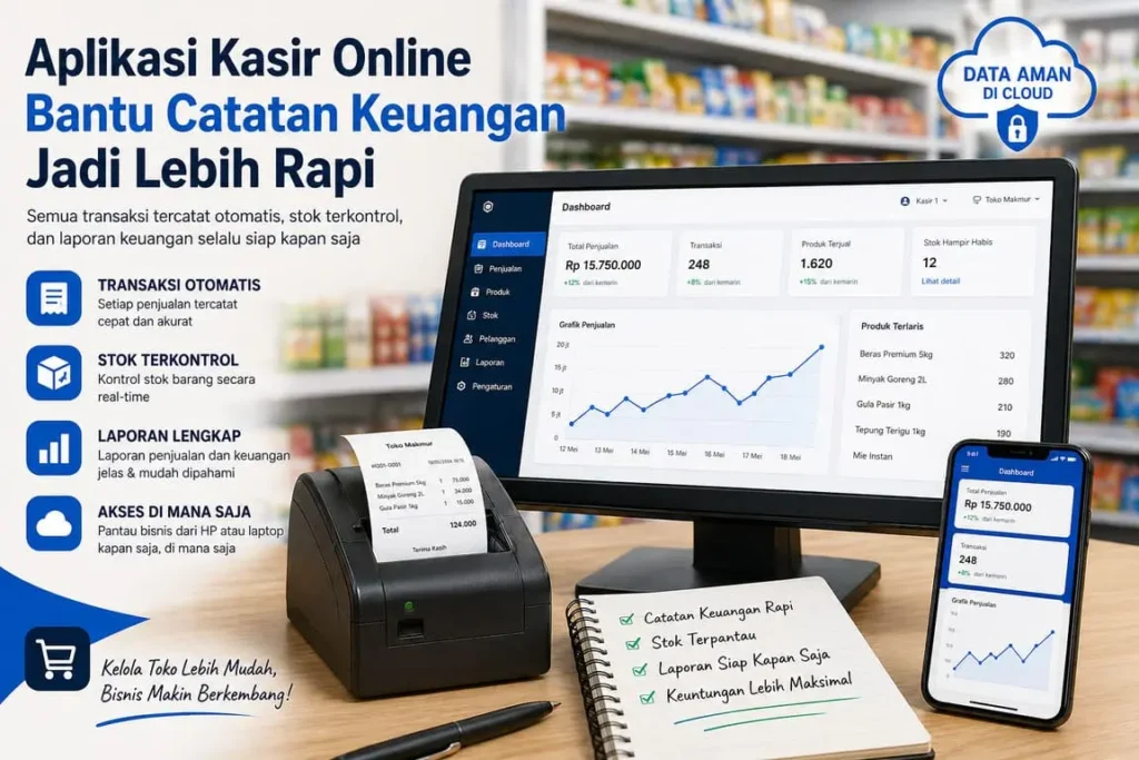 aplikasi kasir online untuk mencatat transaksi, kontrol stok barang, dan laporan penjualan toko secara real-time