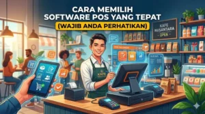 Seorang pria kasir menggunakan software POS modern di kafe untuk mengelola transaksi dan stok barang