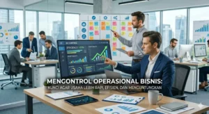 Tim pria profesional sedang menganalisis grafik kontrol operasional bisnis di layar monitor untuk meningkatkan efisiensi dan keuntungan