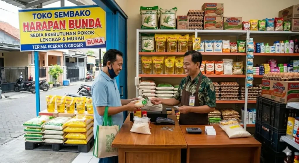Seorang pria pemilik toko sembako sedang melayani pembeli laki-laki di depan rak dagangan yang rapi